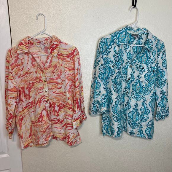 JM Collection 100% Linen Bundle Of Two Button Up Blouses Size 12 Pink Blue - Picture 3 of 9